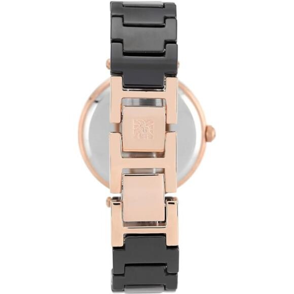 Anne Klein Women\'s Diamond Dial Rose Gold-Tone Black Ceramic Bracelet Watch